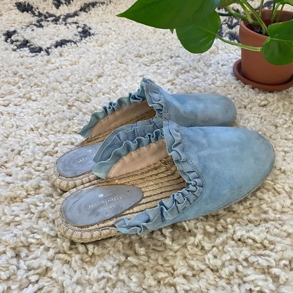 Kate Spade Ruffle Suede Blue Mules 9 - Picture 4 of 7